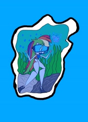 Size: 3280x4568 | Tagged: safe, artist:bludinimax, derpibooru import, rainbow dash, human, equestria girls, g4, bikini, bikini bottom, bikini top, bra, bubble, clothes, female, kelp, snorkel, snorkeling, solo, stylized, swimming, swimsuit, underwater, underwear, water