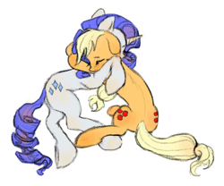 Size: 1500x1250 | Tagged: safe, artist:villior, derpibooru import, applejack, rarity, earth pony, pony, unicorn, duo, eyes closed, female, horn, hug, lesbian, mare, rarijack, shipping, simple background, white background