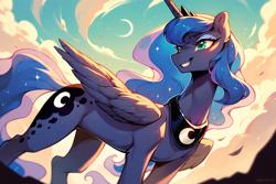 Size: 1344x896 | Tagged: safe, ai content, derpibooru import, machine learning generated, princess luna, alicorn, pony, g4, backlighting, cloud, concave belly, crescent moon, female, fit, grin, head turn, mare, moon, prompter:saberclaw1x, sidemouth, slender, smiling, solo, sternocleidomastoid, thin