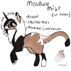Size: 900x900 | Tagged: source needed, safe, artist:mischiefhooves, derpibooru import, oc, oc only, oc:mountain mist, big cat, cat, cat pony, hybrid, original species, pony, unicorn, boygirl, cat tail, coat markings, colored horn, emo, horn, hybrid oc, mountain lion, mountain lion pony, nonbinary, paint, paws, pronouns, reference sheet, simple background, socks (coat marking), tail, tongue, tongue out, transgender, unicorn oc, white background