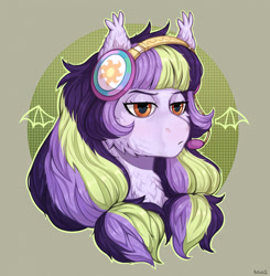 Size: 1900x1939 | Tagged: safe, artist:birdoffnorth, derpibooru import, oc, oc only, oc:fizzle, bat pony, pony, bat pony oc, bust, chest fluff, commission, female, headphones, lidded eyes, mare, solo