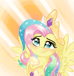 Size: 1760x1805 | Tagged: safe, artist:flutterbug18, derpibooru import, fluttershy, pegasus, pony, g4, blushing, bust, cosplay, costume, crown, cute, ears, fake horn, female, floppy ears, jewelry, mare, regalia, shyabetes, shylestia, smiling, solo, spread wings, sunburst background, wings