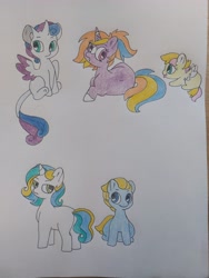 Size: 3468x4624 | Tagged: safe, artist:doodletheexpoodle, derpibooru import, oc, oc only, oc:ballroom blitz, oc:blueberry muffin, oc:pansy petals, oc:serene remedy, oc:starship, alicorn, earth pony, pegasus, pony, unicorn, baby, baby pony, blank flank, colt, female, filly, foal, horn, leonine tail, lying down, magical gay spawn, magical lesbian spawn, male, offspring, offspring's offspring, parent:oc:margalo, parent:oc:moonstone, parent:oc:northern star, parent:oc:ocean tide, parent:oc:scribble pie, parent:oc:speedwell, parent:princess flurry heart, parents:canon x oc, parents:oc x oc, prone, sitting, spread wings, tail, tongue, tongue out, traditional art, wings