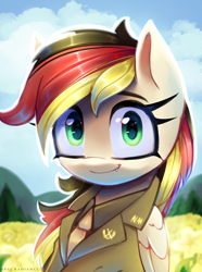 Size: 2228x3000 | Tagged: safe, artist:opal_radiance, derpibooru import, oc, oc only, oc:anja snow, pegasus, pony, equestria at war mod, bust, clothes, fangs, female, folded wings, germany, looking at you, mare, multicolored hair, multicolored mane, necktie, portrait, smiling, smiling at you, solo, wings