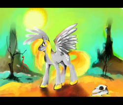 Size: 1200x1020 | Tagged: safe, artist:sanssouci, derpibooru import, derpy hooves, pegasus, g4, desert, eye scar, facial scar, scar, skull, spread wings, sun, torn ear, wings