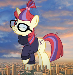 Size: 1479x1524 | Tagged: safe, artist:jhayarr23, derpibooru import, edit, editor:jaredking779, moondancer, pony, unicorn, g4, attack on pony, clothes, female, giant pony, giantess, glasses, grin, highrise ponies, horn, irl, macro, mare, one eye closed, photo, ponies in real life, raised hoof, raised leg, red eyes, singapore, smiling, solo, sweater, wink