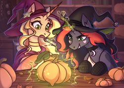 Size: 1118x794 | Tagged: safe, artist:sparkling_light, derpibooru import, oc, pony, unicorn, choker, clothes, duo, female, hat, horn, looking at someone, magic, npn (nightmare pony night), open mouth, potion, pumpkin