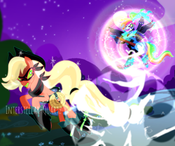 Size: 8251x6857 | Tagged: safe, artist:interstellar-quartz, derpibooru import, applejack, rainbow dash, earth pony, pegasus, pony, g4, absurd file size, absurd resolution, bandana, base used, boots, choker, cowboy boots, dexterous hooves, domino mask, duo, duo female, electric guitar, eternal night au (janegumball), female, green sclera, gritted teeth, guitar, hoof hold, lasso, musical instrument, night, nightmare applejack, nightmare rainbow dash, nightmarified, open mouth, rope, shoes, signature, slit eyes, spiked choker, spiked wristband, teeth, tongue, tongue out, wristband