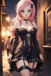 Size: 1024x1536 | Tagged: safe, ai content, derpibooru import, editor:sammykun, generator:yodayo, machine learning generated, fluttershy, human, g4, absolute cleavage, bare shoulders, black dress, breasts, choker, cleavage, clothes, detached sleeves, dress, ear piercing, earring, emotionless, female, female focus, fishnet clothing, fishnet stockings, fishnets, fluttergoth, full body, garter straps, goth, gothic, hootershy, human female, humanized, jacket, jewelry, little black dress, long hair, long sleeves, looking at you, midriff, night, outdoors, outfit, pantyhose, piercing, prompter:sammykun, punk, reasonably sized breasts, ribcage, shoes, skindentation, skirt, slender, socks, solo focus, stockings, straps, thigh highs, thin