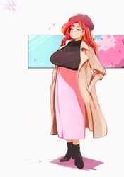 Size: 1400x2000 | Tagged: safe, artist:sozglitch, derpibooru import, sunset shimmer, human, g4, beret, big breasts, black shirt, boots, breasts, cherry blossoms, clothes, coat, female, flower, flower blossom, hand in pocket, hat, humanized, jacket, long skirt, looking at you, shoes, skirt, smiling, smiling at you, spring, sunset jiggler