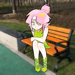 Size: 1300x1300 | Tagged: safe, artist:liyuxin93103, derpibooru import, fluttershy, human, g4, bench, humanized, real life background, sitting, solo