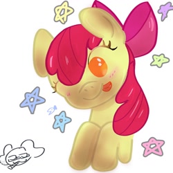 Size: 1280x1280 | Tagged: safe, artist:perrito_dias, derpibooru import, apple bloom, earth pony, pony, g4, ;p, adorabloom, blushing, bust, cute, female, filly, foal, one eye closed, portrait, simple background, solo, stars, tongue, tongue out, white background, wink