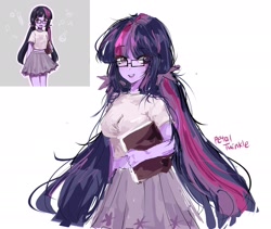 Size: 2048x1726 | Tagged: safe, artist:petaltwinkle, artist:sugarcube269, derpibooru import, twilight sparkle, equestria girls, g4, alternate clothes, alternate design, alternate hairstyle, blushing, clothes, colored sketch, eye clipping through hair, eyebrows, eyebrows visible through hair, female, glasses, holding book, long hair, multicolored hair, open mouth, open smile, pigtails, purple eyes, purple skin, shirt, signature, simple background, sketch, skirt, smiling, solo, square glasses, t-shirt, thin, tied hair, twintails, white background, wingding eyes