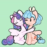Size: 2048x2048 | Tagged: safe, artist:starrymysteryy, derpibooru import, cozy glow, princess flurry heart, alicorn, pegasus, pony, g4, eyes closed, female, filly, foal, green background, grin, hug, older, one eye closed, simple background, sitting, smiling, spread wings, wings