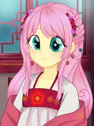 Size: 1536x2048 | Tagged: safe, artist:fluttershy_art.nurul, derpibooru import, fluttershy, kimono, posey shy, human, equestria girls, g3, g4, bangs, beautiful eyes, beautiful hair, braid, china, clothes, cute, ear piercing, earring, eyeshadow, fanart, female, flower, flower in hair, fluttershy is not amused, hairstyle, hanfu, japanese, jewelry, kimono (clothing), looking at you, makeup, miko, piercing, robe, smiling, smiling at you, solo, unamused, using references