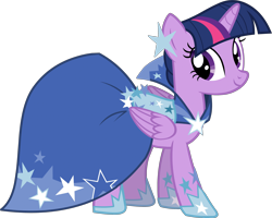 Size: 2844x2270 | Tagged: safe, derpibooru import, edit, twilight sparkle, twilight sparkle (alicorn), alicorn, pony, g4, blue dress, castle creator, clothes, dress, folded wings, gala dress, shoes, simple background, smiling, solo, starry dress, transparent background, vector, vector edit, wings