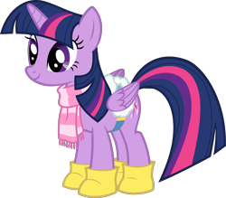 Size: 2862x2504 | Tagged: safe, derpibooru import, edit, twilight sparkle, twilight sparkle (alicorn), alicorn, pony, g4, season 1, winter wrap up, boots, castle creator, clothes, cute, folded wings, saddle, scarf, shoes, simple background, smiling, solo, striped scarf, tack, transparent background, vector, vector edit, wings, winter boots, winter outfit