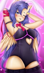 Size: 700x1133 | Tagged: safe, artist:rafi, derpibooru import, oc, oc:star guardian, anthro, pegasus, bunny ears, bunny suit, clothes, ear fluff, ears, harness, leotard, long mane, necktie, purple eyes, ribbon, socks, solo, spread wings, stockings, thigh highs, wings