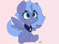 Size: 1020x764 | Tagged: safe, artist:zokkili, derpibooru import, princess luna, alicorn, pony, g4, :d, animated, colored pupils, ear flick, eyebrows, eyebrows visible through hair, female, filly, foal, gif, happy, open mouth, open smile, peytral, pink background, simple background, sitting, smiling, solo, spread wings, tail, tail wag, underhoof, wings, woona, younger