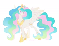 Size: 2048x1615 | Tagged: safe, artist:iksiudodi_, derpibooru import, princess celestia, alicorn, pony, g4, concave belly, female, hoof shoes, jewelry, mare, peytral, regalia, simple background, slender, solo, thin, white background