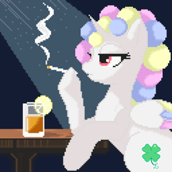 Size: 1280x1280 | Tagged: safe, artist:lukhica, derpibooru import, oc, oc only, oc:cottomsky, alicorn, pony, alcohol, cigarette, drink, horn, pixel art, pixelated, smoking, solo, whiskey