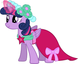 Size: 2839x2359 | Tagged: safe, derpibooru import, edit, twilight sparkle, twilight sparkle (alicorn), alicorn, pony, a canterlot wedding, g4, bridesmaid, bridesmaid dress, castle creator, clothes, dress, folded wings, glowing, glowing horn, horn, simple background, smiling, solo, transparent background, vector, vector edit, wings