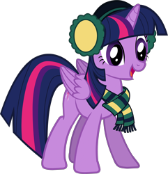 Size: 2750x2857 | Tagged: safe, derpibooru import, edit, twilight sparkle, twilight sparkle (alicorn), alicorn, pony, g4, castle creator, clothes, earmuffs, folded wings, open mouth, open smile, scarf, simple background, smiling, solo, transparent background, vector, vector edit, wings, winter outfit