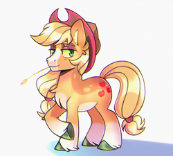 Size: 2000x1800 | Tagged: safe, artist:virygo19, derpibooru import, applejack, earth pony, pony, g4, applejack's hat, chromatic aberration, clothes, coat markings, colored hooves, cowboy hat, female, hat, looking at you, mare, raised hoof, raised leg, simple background, smiling, solo, unshorn fetlocks, white background