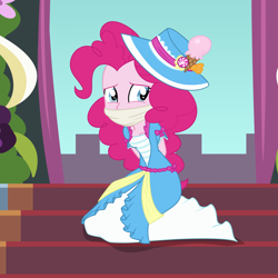 Size: 2000x2000 | Tagged: safe, artist:nie-martw-sie-o-mnie, derpibooru import, part of a set, pinkie pie, human, equestria girls, g4, magical mystery cure, arm behind back, cloth gag, clothes, coronation dress, dress, female, femsub, gag, kneeling, pinkiesub, solo, stairs, submissive