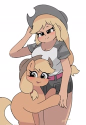 Size: 1413x2048 | Tagged: safe, artist:leo19969525, derpibooru import, applejack, earth pony, human, pony, g4, applejack's hat, bipedal, breasts, cleavage, clothes, cowboy hat, cute, duo, female, hat, human ponidox, humanized, jackabetes, lidded eyes, looking at you, mare, missing cutie mark, open mouth, self paradox, self ponidox, simple background, smiling, white background