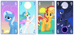 Size: 6400x3000 | Tagged: safe, artist:parclytaxel, derpibooru import, princess celestia, princess luna, sunset shimmer, tantabus, trixie, alicorn, pony, unicorn, series:parcly's pony pattern playing cards, g4, .svg available, absurd resolution, beach, dawn, female, flying, horn, looking up, mare, moon, playing card, pointing, raised hoof, raised leg, rearing, smiling, sun, sunset, tarot card, vector