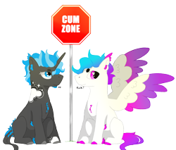 Size: 1270x1080 | Tagged: safe, artist:hrabiadeblacksky, derpibooru import, oc, oc only, oc:hrabia de black sky, oc:miltti, hybrid, pegasus, pony, unicorn, blue eyes, corn, cum, cum zone, duo, food, gay, horn, male, pink eyes, simple background, stallion, stallion on stallion, transparent background, wings