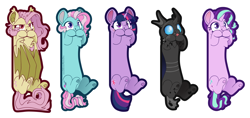 Size: 4871x2305 | Tagged: safe, artist:cutepencilcase, derpibooru import, fluttershy, minty, starlight glimmer, twilight sparkle, bat pony, changeling, earth pony, pony, unicorn, g3, g4, bat ponified, bookmark, chest fluff, fangs, flutterbat, horn, long, long glimmer, long pony, race swap, simple background, smiling, tongue, tongue out, white background