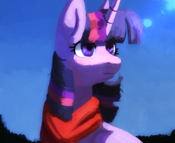 Size: 1024x837 | Tagged: safe, artist:idlyabetteliina, derpibooru import, twilight sparkle, unicorn twilight, pony, unicorn, g4, bust, clothes, female, head turn, horn, mare, scarf, solo