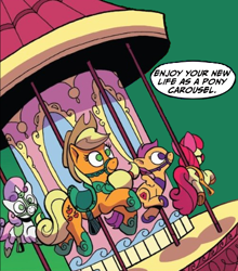 Size: 402x457 | Tagged: safe, artist:andypriceart, derpibooru import, edit, editor:raccoon, idw, apple bloom, applejack, scootaloo, sweetie belle, earth pony, pegasus, pony, unicorn, g4, spoiler:comic, spoiler:comic78, bridle, carousel, cosmageddon, cropped, cutie mark crusaders, fanfic art, hoof shoes, horn, inanimate tf, saddle, tack, transformation