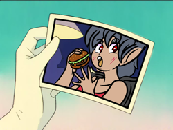 Size: 704x530 | Tagged: safe, artist:lazerblues, derpibooru import, edit, oc, oc:yuzu, hybrid, satyr, burger, food, hamburger, sailor moon (series)