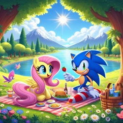 Size: 1024x1024 | Tagged: safe, ai content, derpibooru import, machine learning generated, fluttershy, hedgehog, pegasus, g4, basket, burger, drink, female, flower, food, hamburger, male, picnic, picnic basket, picnic blanket, prompter:meshari7, sauce, shoes, sneakers, sonic the hedgehog, sonic the hedgehog (series)