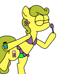 Size: 3023x3351 | Tagged: safe, artist:professorventurer, derpibooru import, oc, oc:bikini breeze, earth pony, pony, bikini, bipedal, bottle, bubble, bubblestand, clothes, female, mare, simple background, spongebob squarepants, swimsuit, transparent background