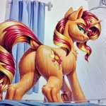 Size: 1024x1024 | Tagged: source needed, safe, ai content, derpibooru import, machine learning generated, sunset shimmer, pony, unicorn, g4, butt, butt fluff, butt focus, chest fluff, dock, featureless crotch, female, fluffy, horn, leg fluff, looking back, mare, plot, prompter needed, solo, stupid sexy sunset shimmer, sultry pose, tail, underhoof, wet