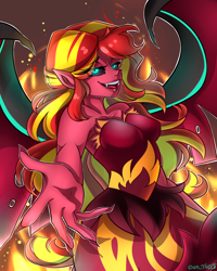 Size: 2000x2500 | Tagged: safe, artist:yuris, derpibooru import, sunset satan, sunset shimmer, demon, human, equestria girls, g4, black sclera, bust, clothes, dress, fire, humanized, looking at you, open mouth, smiling, smiling at you, spread wings, winged humanization, wings