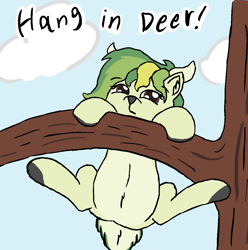 Size: 1060x1068 | Tagged: safe, artist:cocacola1012, derpibooru import, oc, oc:rhythm fruit, deer, belly, chubby, hang in there, hanging