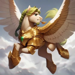 Size: 1024x1024 | Tagged: safe, ai content, machine learning generated, oc, oc:prince fair charity, pegasus, armor, flying, male, stallion, wing armor