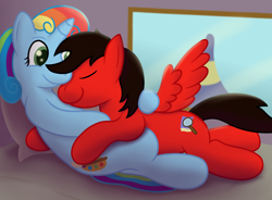 Size: 3400x2505 | Tagged: safe, artist:sweetielover, derpibooru import, oc, oc only, pegasus, pony, unicorn, g4, bed, bedroom, duo, eyes closed, female, high res, horn, hug, male, pegasus oc, romantic, snuggling, spread wings, unicorn oc, window, wings