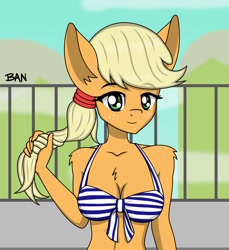 Size: 1558x1698 | Tagged: safe, artist:banquo0, derpibooru import, applejack, anthro, g4, bikini, breasts, bust, cleavage, clothes, eyebrows, eyebrows visible through hair, female, looking at you, ponytail, smiling, solo, swimsuit