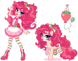 Size: 3568x2796 | Tagged: safe, artist:gihhbloonde, derpibooru import, pinkie pie, oc, earth pony, human, pony, equestria girls, g4, blue eyes, blushing, boots, bow, bowtie, closed mouth, clothes, crossover, crossover fusion, curly hair, curly mane, curly tail, cutie mark, dress, female, freckles, hair bow, human ponidox, jewelry, lightly watermarked, looking at you, mare, necklace, open mouth, open smile, raised hoof, raised hooves, raised leg, self paradox, self ponidox, shoes, simple background, skirt, smiling, socks, stockings, strawberry shortcake, strawberry shortcake (character), striped socks, tail, thigh highs, transparent background, watermark, waving, waving at you
