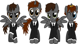 Size: 6185x3508 | Tagged: safe, artist:lonichedgehog, derpibooru import, pegasus, pony, unicorn, g4, >:), blue eyes, brown eyes, brown mane, brown tail, clothes, george harrison, gray coat, green eyes, grin, horn, john lennon, male, necktie, one eye closed, paul mccartney, ponified, raised hoof, raised leg, ringo starr, show accurate, simple background, smiling, smirk, species swap, spread wings, suit, tail, the beatles, transparent background, vector, wings, wink