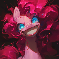 Size: 1024x1024 | Tagged: safe, ai content, derpibooru import, generator:midjourney, machine learning generated, pinkie pie, earth pony, pony, g4, evil grin, glowing, glowing eyes, grin, head tilt, prompter:enterusxrname, smiling, xk-class end-of-the-world scenario