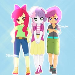 Size: 2048x2048 | Tagged: safe, artist:bunnysmg, derpibooru import, apple bloom, scootaloo, sweetie belle, human, equestria girls, g4, crossed arms, cutie mark crusaders, female, hand on hip, high res, open mouth, open smile, outline, smiling, trio, trio female, white outline