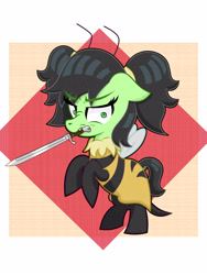 Size: 1200x1600 | Tagged: safe, derpibooru import, oc, oc only, oc:anon filly, angry, female, filly, foal, knife, pigtails, solo, wasp costume