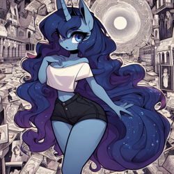 Size: 1024x1024 | Tagged: safe, ai content, derpibooru import, machine learning generated, princess luna, anthro, g4, abstract, adorasexy, bare shoulders, breasts, clothes, curvy, cute, female, hourglass figure, impossibly thin waist, long hair, looking at you, prompter:horselover fat, reasonably sized breasts, sexy, shirt, shorts, shoulderless, solo, strapless, surreal, walking, wide hips